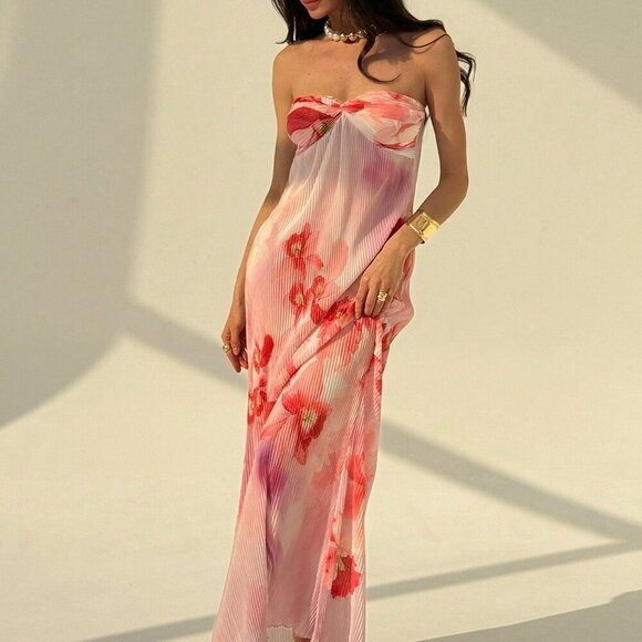 Multicolor Boho Women's Strapless Twist-Front Ruched Floral Print Bodycon Dress - Picture 4 of 7